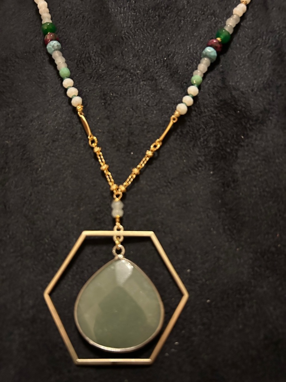 New Multi-Color Mineral Stone Crystal Beaded Hexagon Pendant Goldtone Necklace